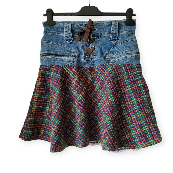 Y2K Mall Goth Punk Grunge Denim And Plaid Tweed Corset Waist Miniskirt Medium - Picture 2 of 12